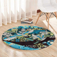 Japanese Hawaiian Crane Round Carpet Blue Tapa Patchwork Pattern