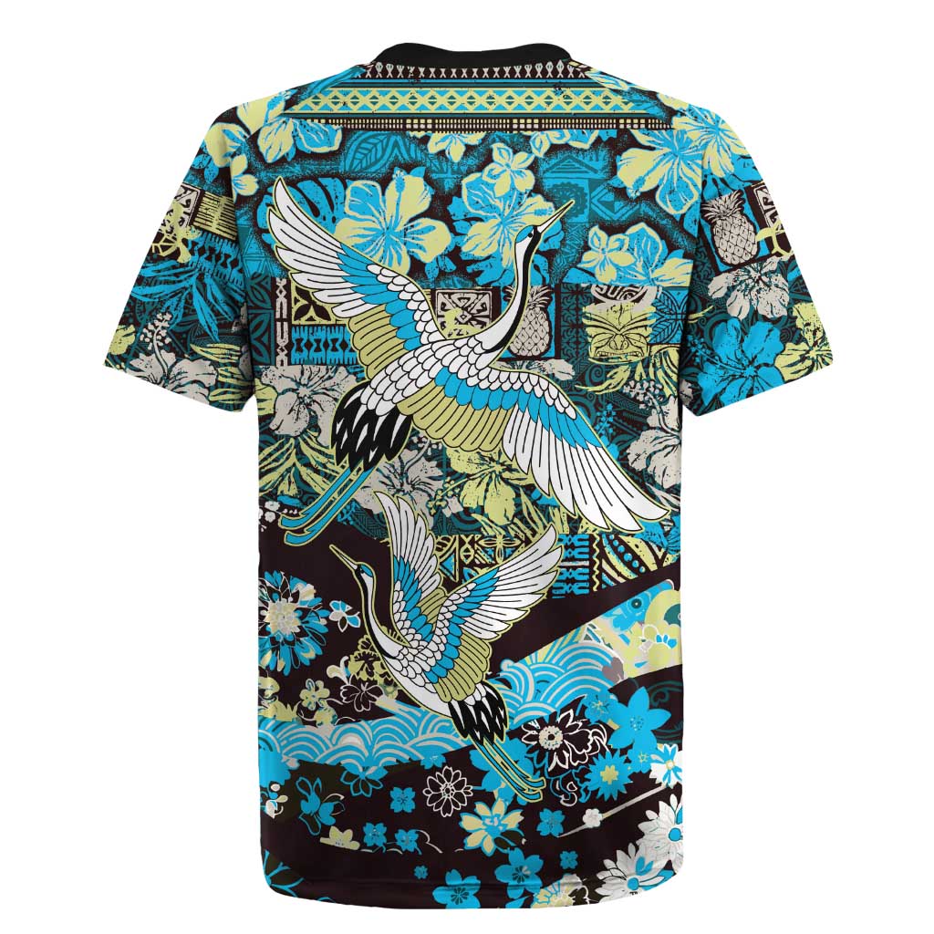 Japanese Hawaiian Crane Rugby Jersey Blue Tapa Patchwork Pattern