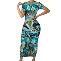 Japanese Hawaiian Crane Short Sleeve Bodycon Dress Blue Tapa Patchwork Pattern
