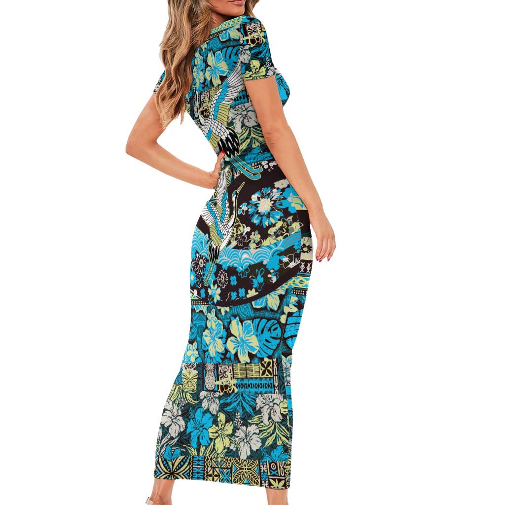 Japanese Hawaiian Crane Short Sleeve Bodycon Dress Blue Tapa Patchwork Pattern