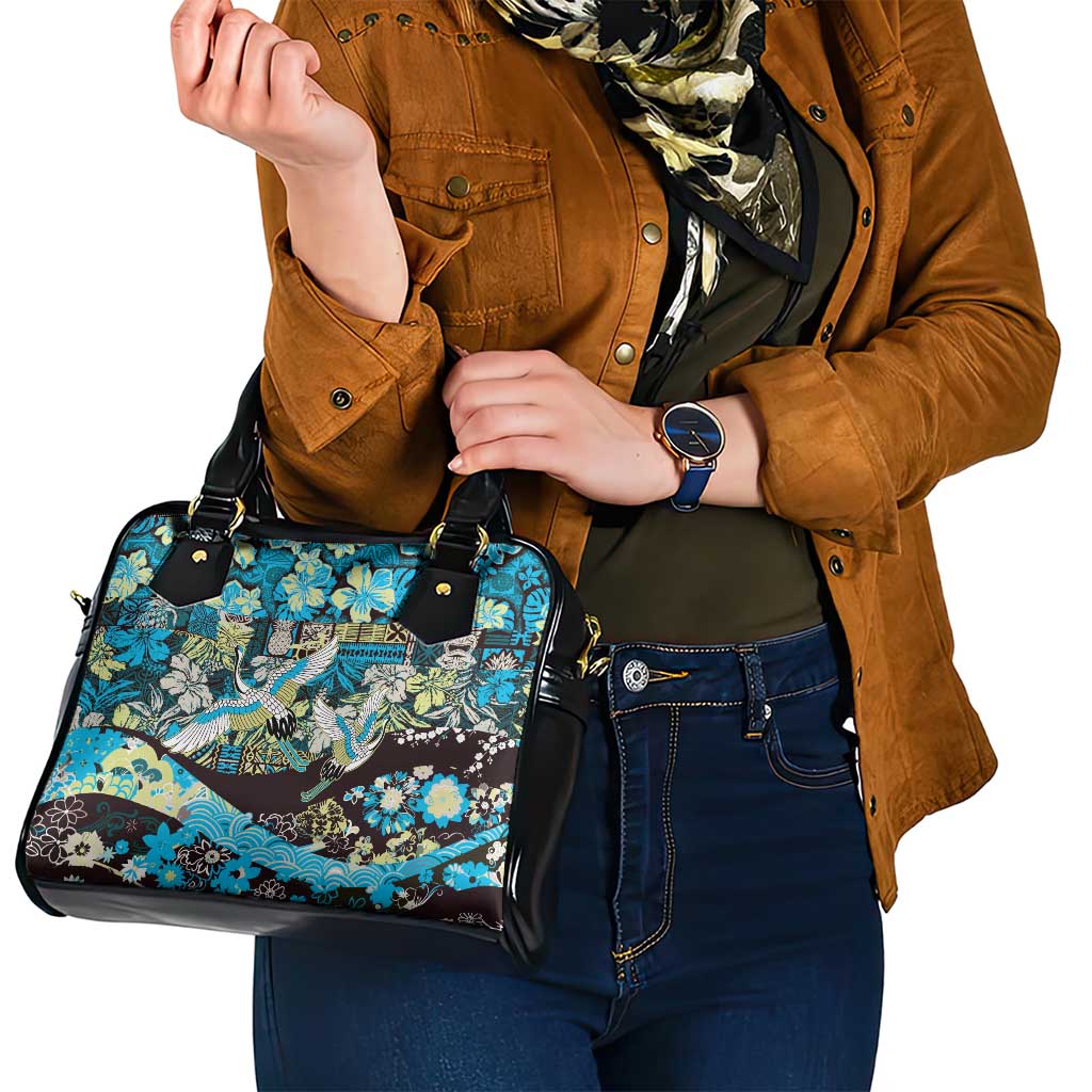 Japanese Hawaiian Crane Shoulder Handbag Blue Tapa Patchwork Pattern