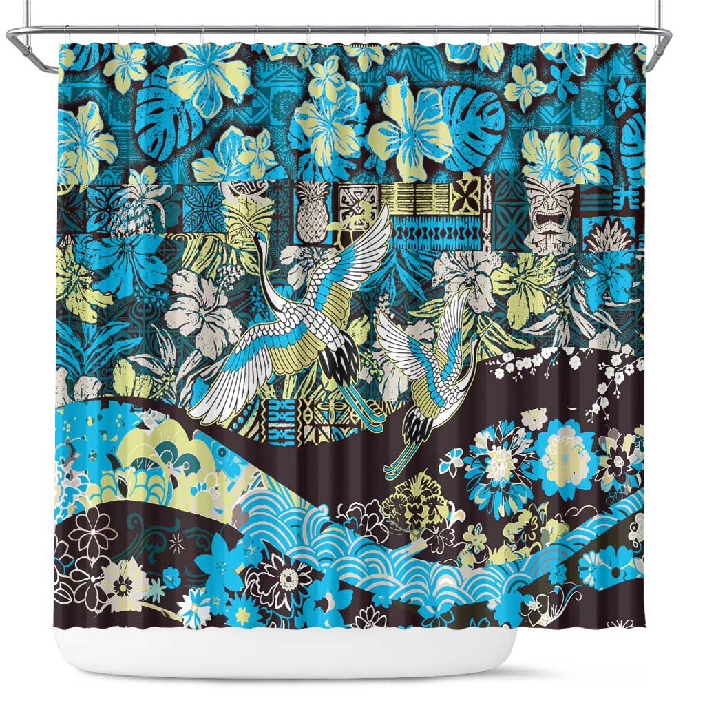 Japanese Hawaiian Crane Shower Curtain Blue Tapa Patchwork Pattern
