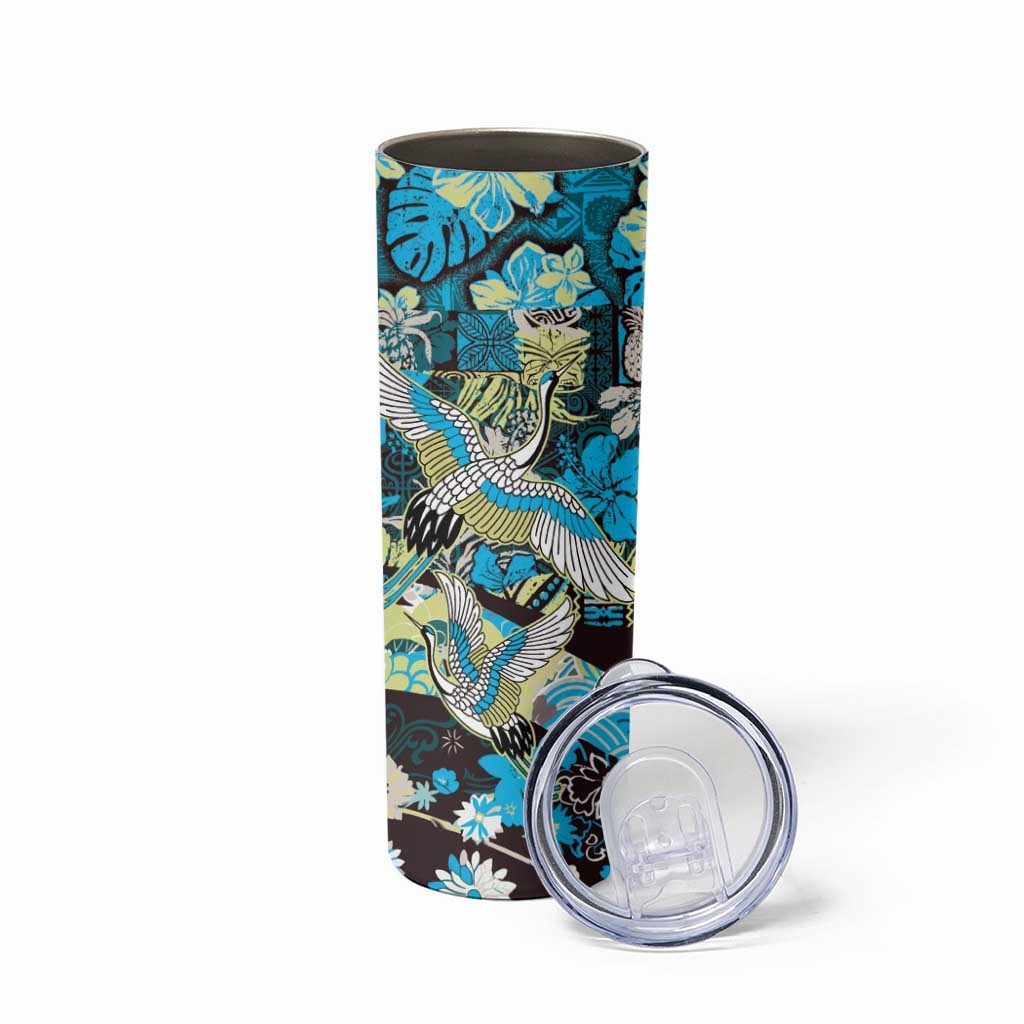 Japanese Hawaiian Crane Skinny Tumbler Blue Tapa Patchwork Pattern