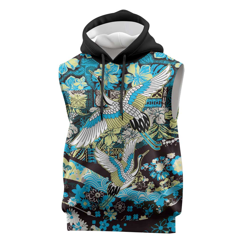 Japanese Hawaiian Crane Sleeveless Hoodie Blue Tapa Patchwork Pattern