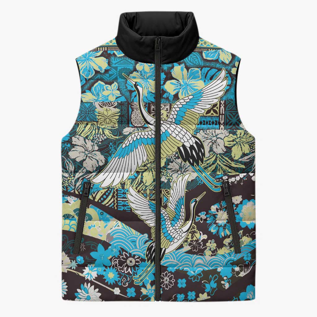 Japanese Hawaiian Crane Sleeveless Puffer Jacket Blue Tapa Patchwork Pattern