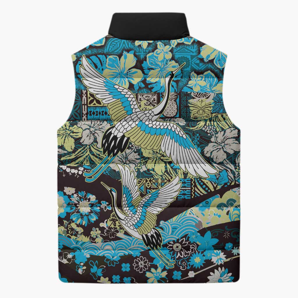 Japanese Hawaiian Crane Sleeveless Puffer Jacket Blue Tapa Patchwork Pattern