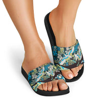 Japanese Hawaiian Crane Slide Sandals Blue Tapa Patchwork Pattern