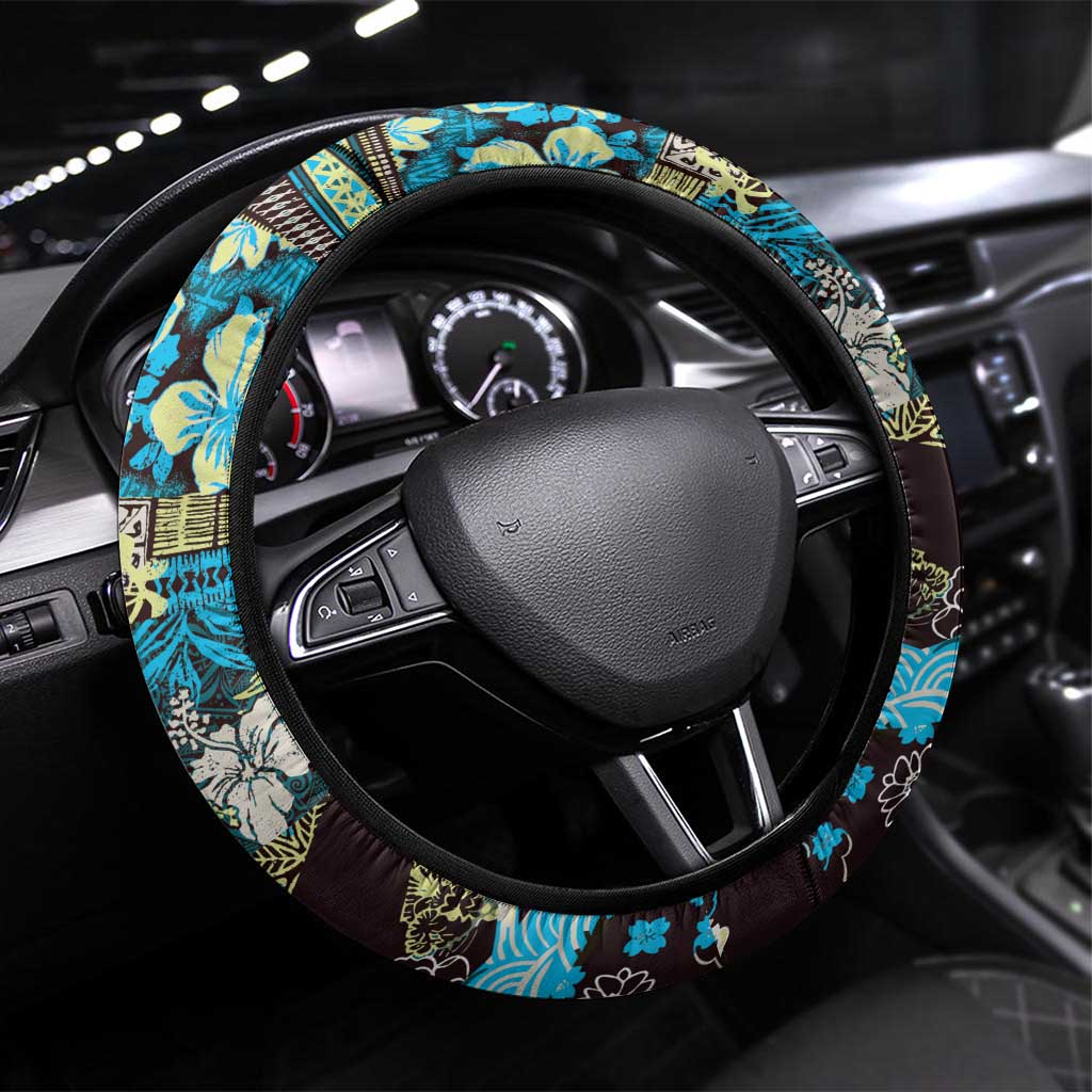Japanese Hawaiian Crane Steering Wheel Cover Blue Tapa Patchwork Pattern