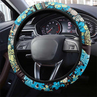 Japanese Hawaiian Crane Steering Wheel Cover Blue Tapa Patchwork Pattern