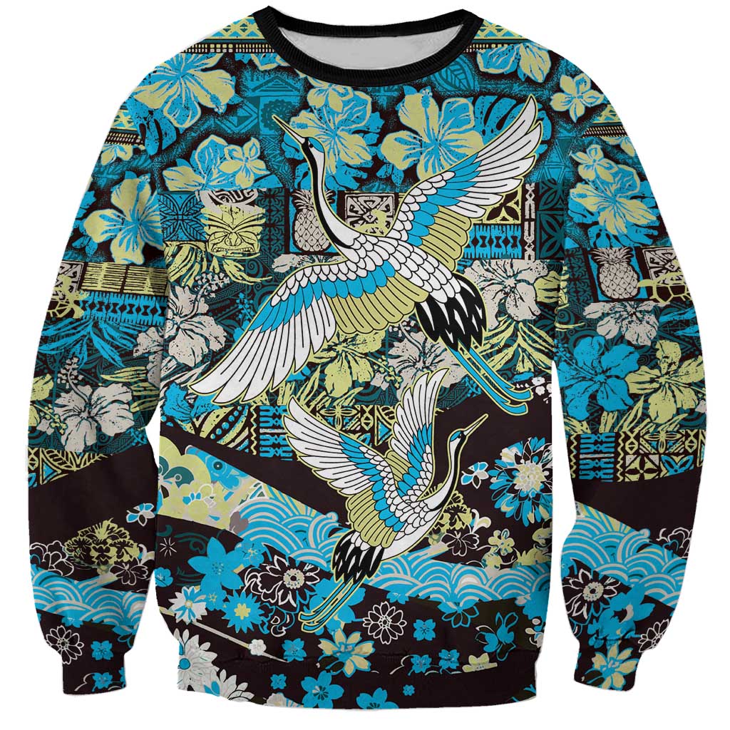 Japanese Hawaiian Crane Sweatshirt Blue Tapa Patchwork Pattern