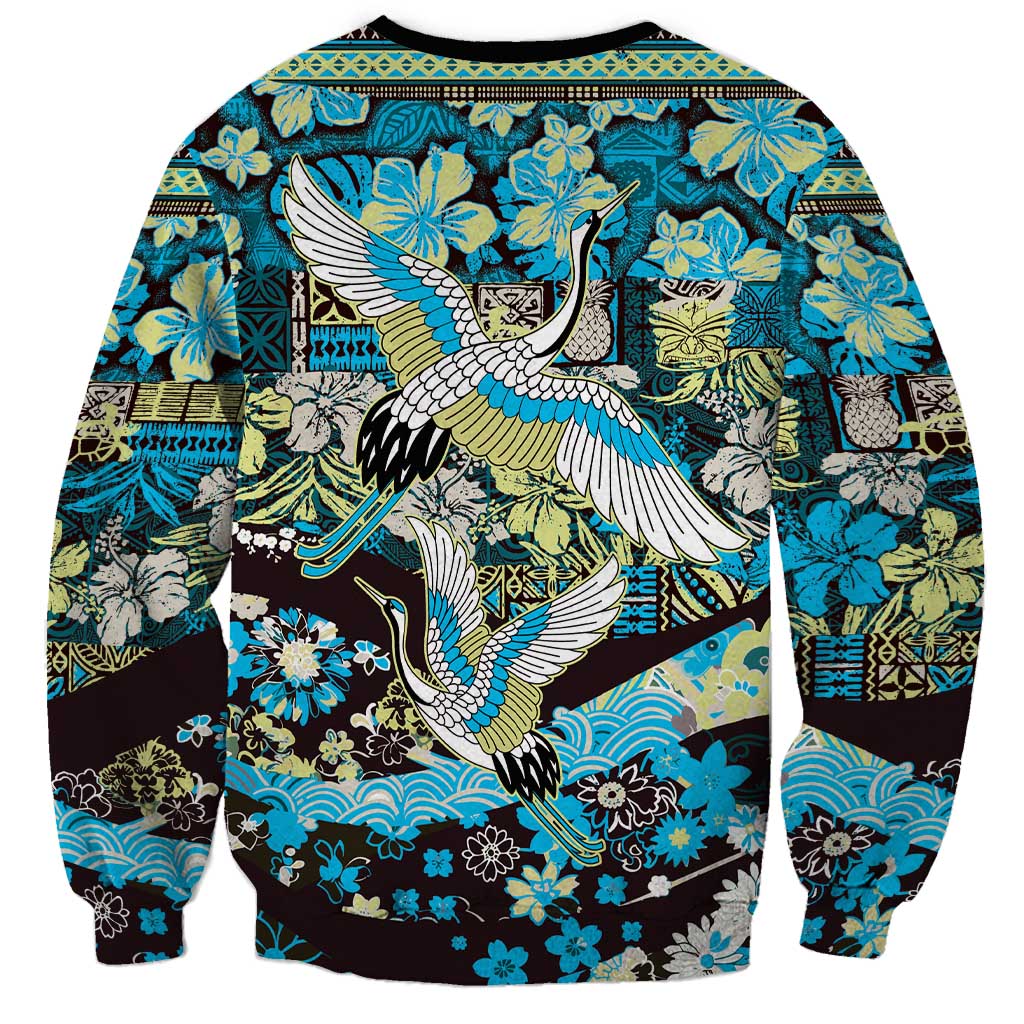 Japanese Hawaiian Crane Sweatshirt Blue Tapa Patchwork Pattern