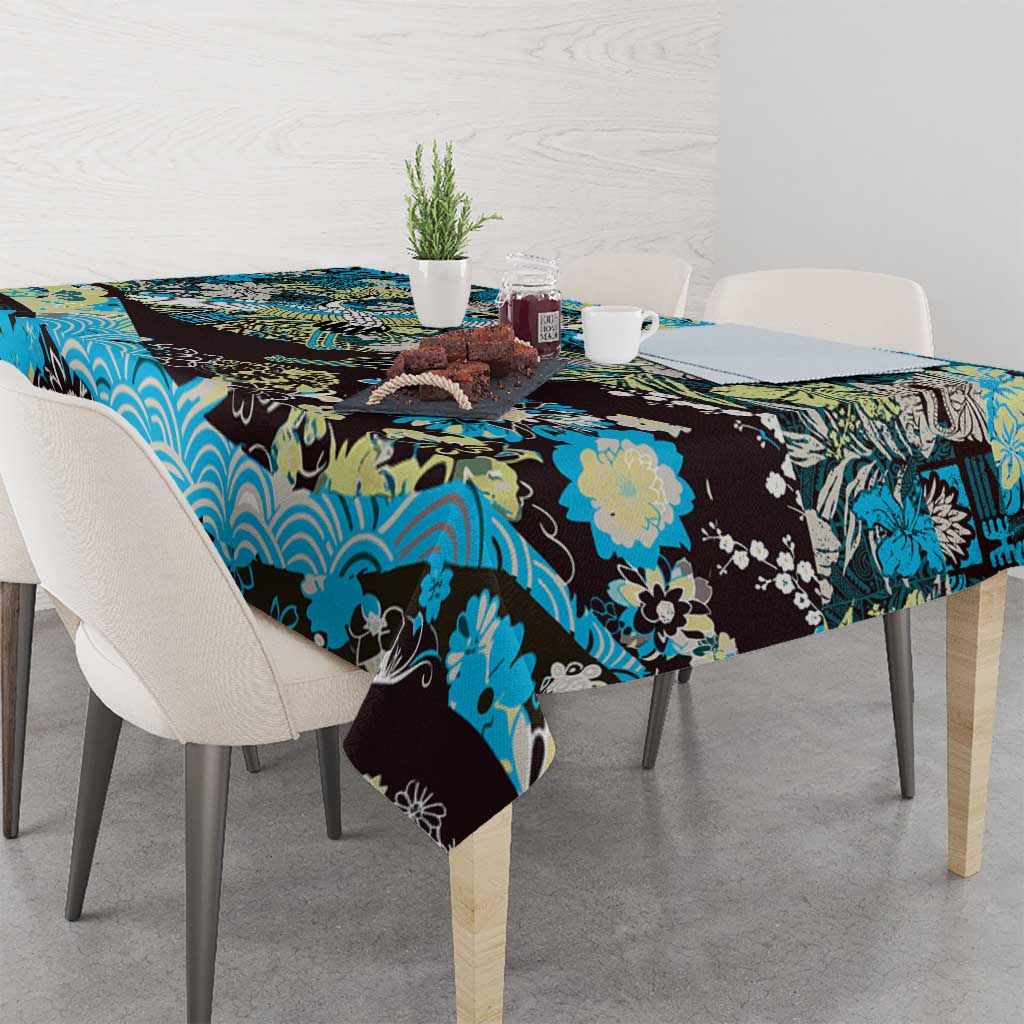 Japanese Hawaiian Crane Tablecloth Blue Tapa Patchwork Pattern