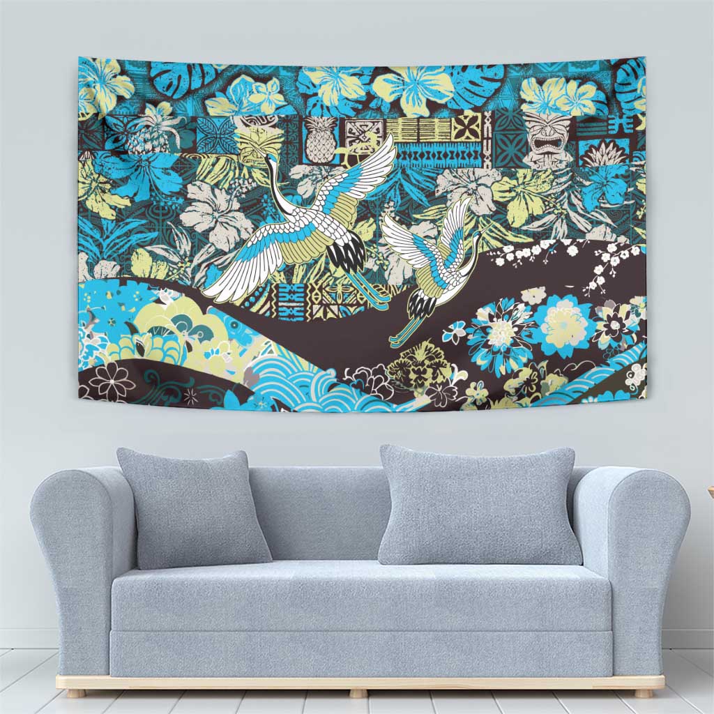 Japanese Hawaiian Crane Tapestry Blue Tapa Patchwork Pattern