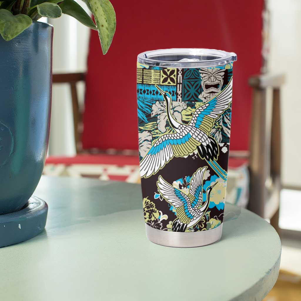 Japanese Hawaiian Crane Tumbler Cup Blue Tapa Patchwork Pattern