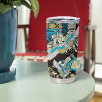 Japanese Hawaiian Crane Tumbler Cup Blue Tapa Patchwork Pattern
