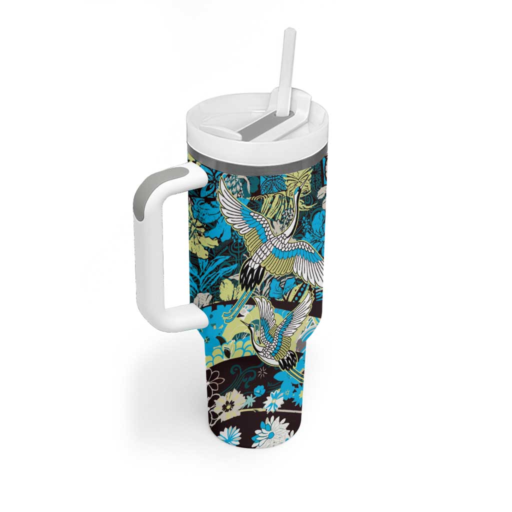 Japanese Hawaiian Crane Tumbler With Handle Blue Tapa Patchwork Pattern