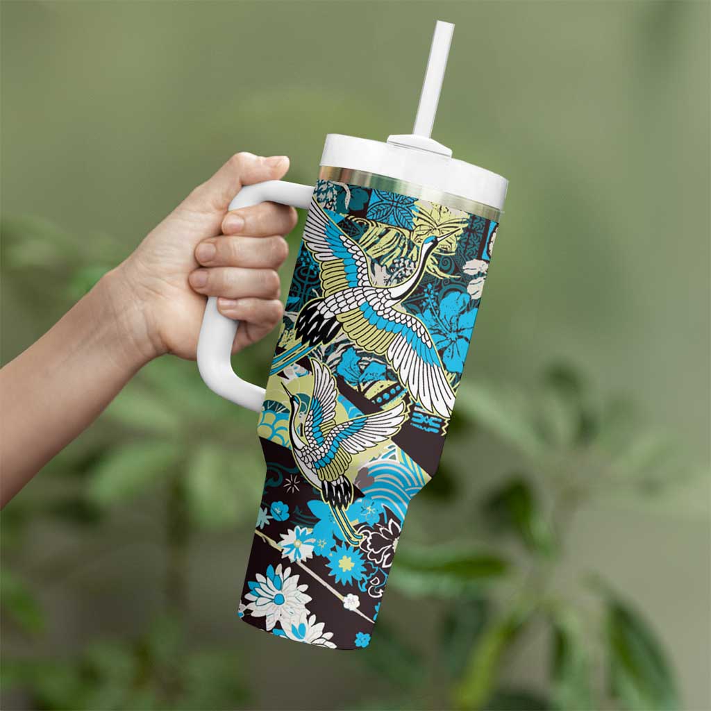 Japanese Hawaiian Crane Tumbler With Handle Blue Tapa Patchwork Pattern