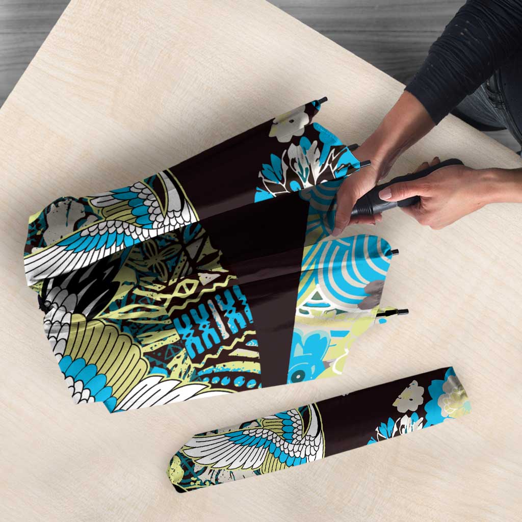 Japanese Hawaiian Crane Umbrella Blue Tapa Patchwork Pattern