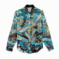 Japanese Hawaiian Crane Women Casual Shirt Blue Tapa Patchwork Pattern