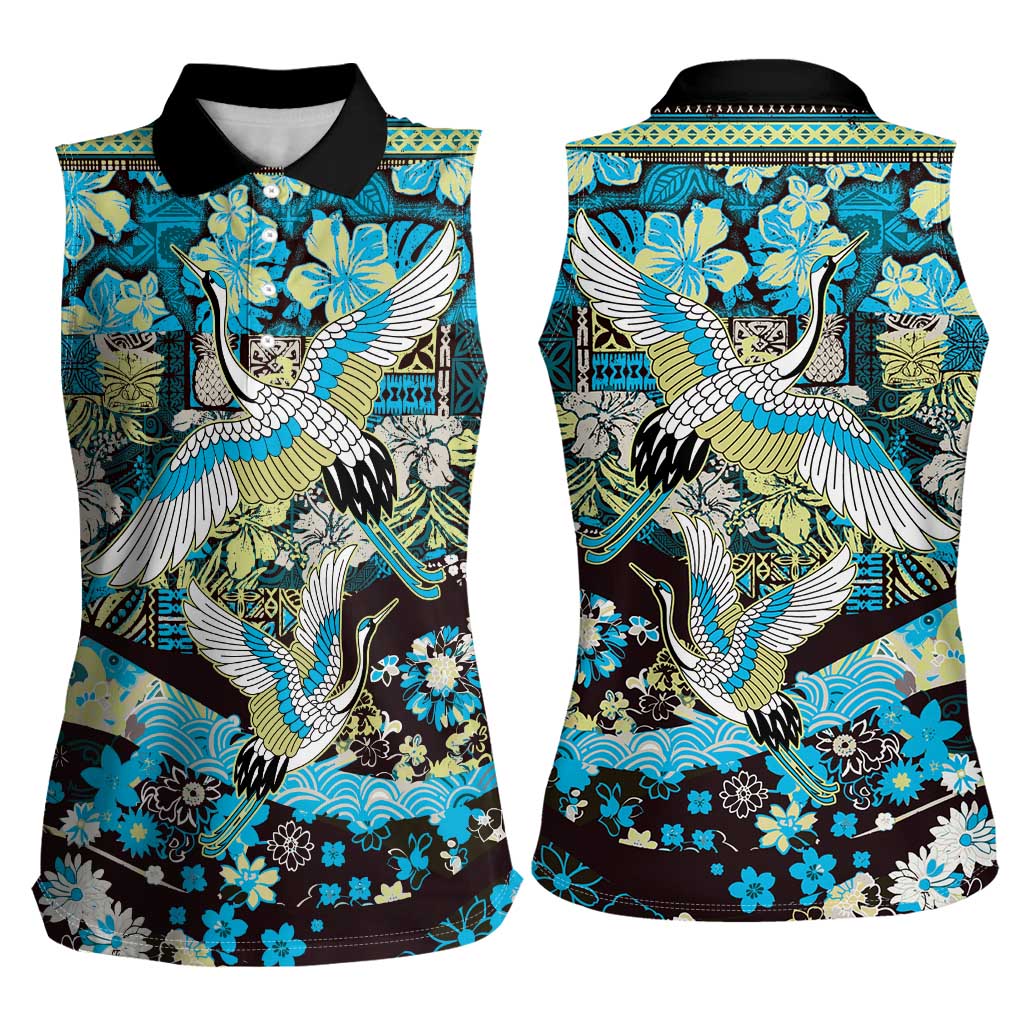 Japanese Hawaiian Crane Women Sleeveless Polo Shirt Blue Tapa Patchwork Pattern