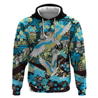Japanese Hawaiian Crane Zip Hoodie Blue Tapa Patchwork Pattern