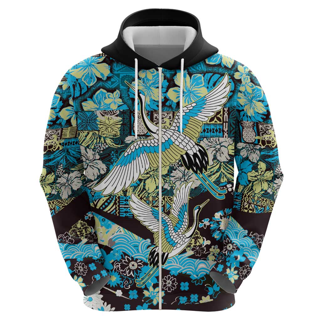 Japanese Hawaiian Crane Zip Hoodie Blue Tapa Patchwork Pattern