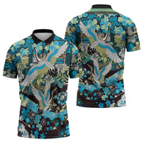 Japanese Hawaiian Crane Zipper Polo Shirt Blue Tapa Patchwork Pattern