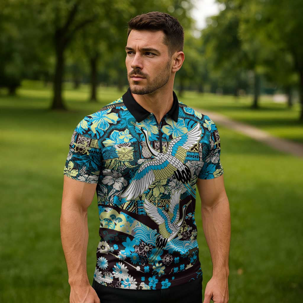 Japanese Hawaiian Crane Zipper Polo Shirt Blue Tapa Patchwork Pattern