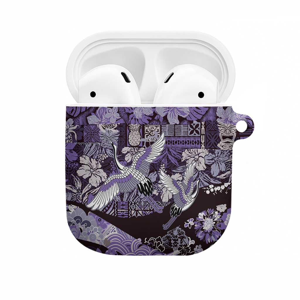 Japanese Hawaiian Crane AirPods Case Purple Tapa Patchwork Pattern