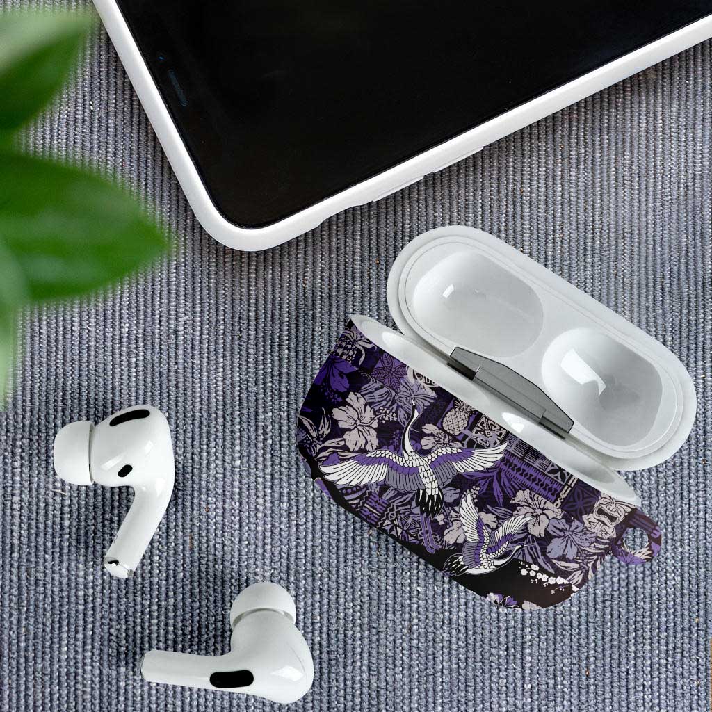 Japanese Hawaiian Crane AirPods Case Purple Tapa Patchwork Pattern