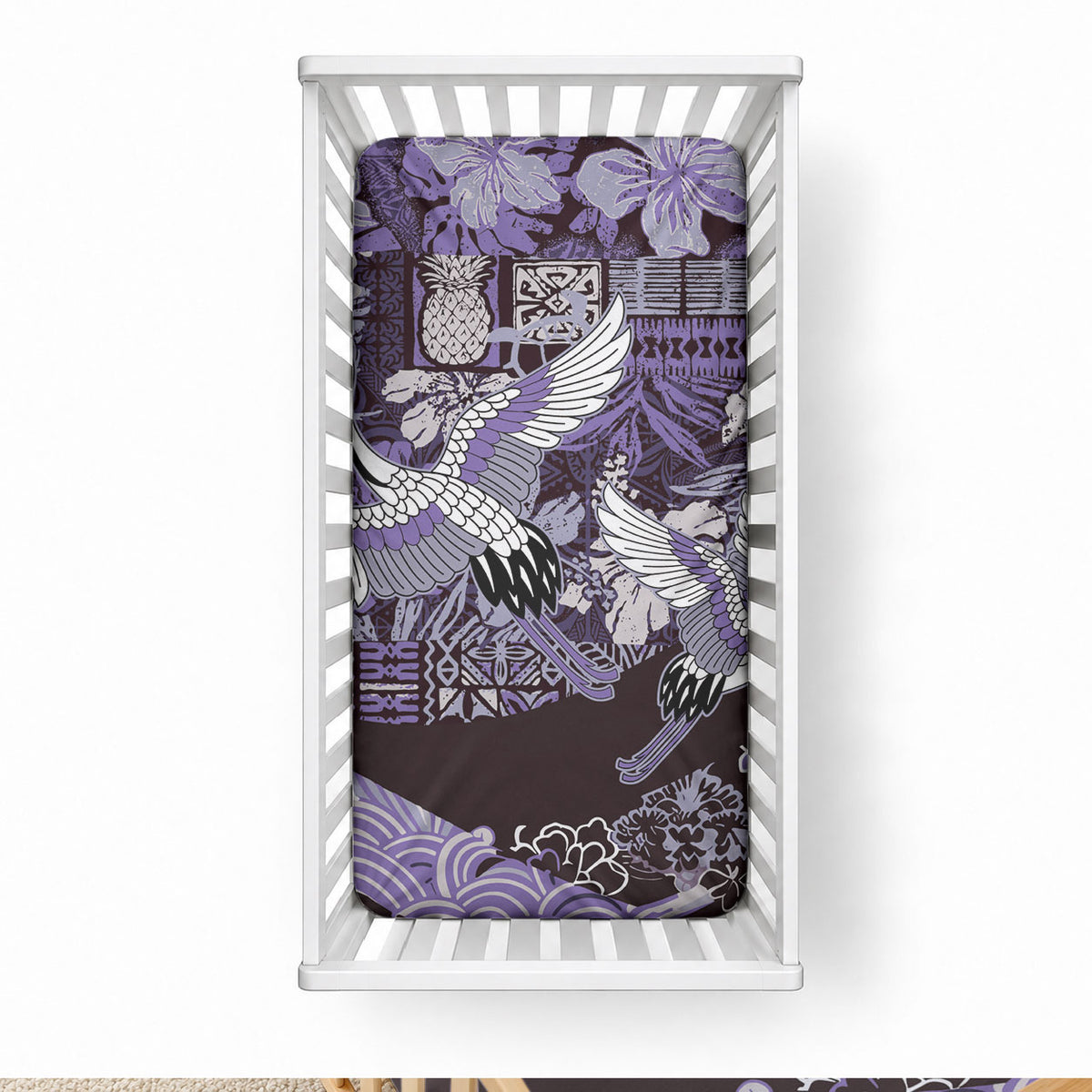 Japanese Hawaiian Crane Baby Bed Cover Purple Tapa Patchwork Pattern LT9 28 × 52 in Blue - Polynesian Pride