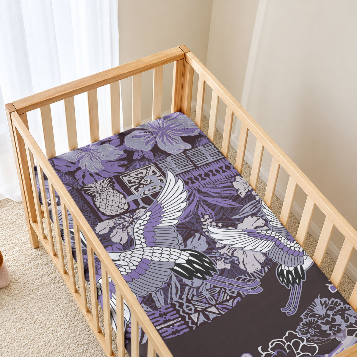 Japanese Hawaiian Crane Baby Bed Cover Purple Tapa Patchwork Pattern LT9 - Polynesian Pride