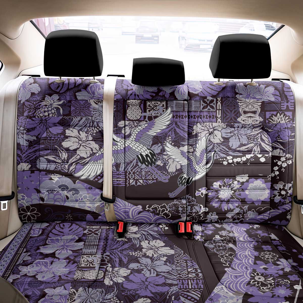 Japanese Hawaiian Crane Back Car Seat Cover Purple Tapa Patchwork Pattern