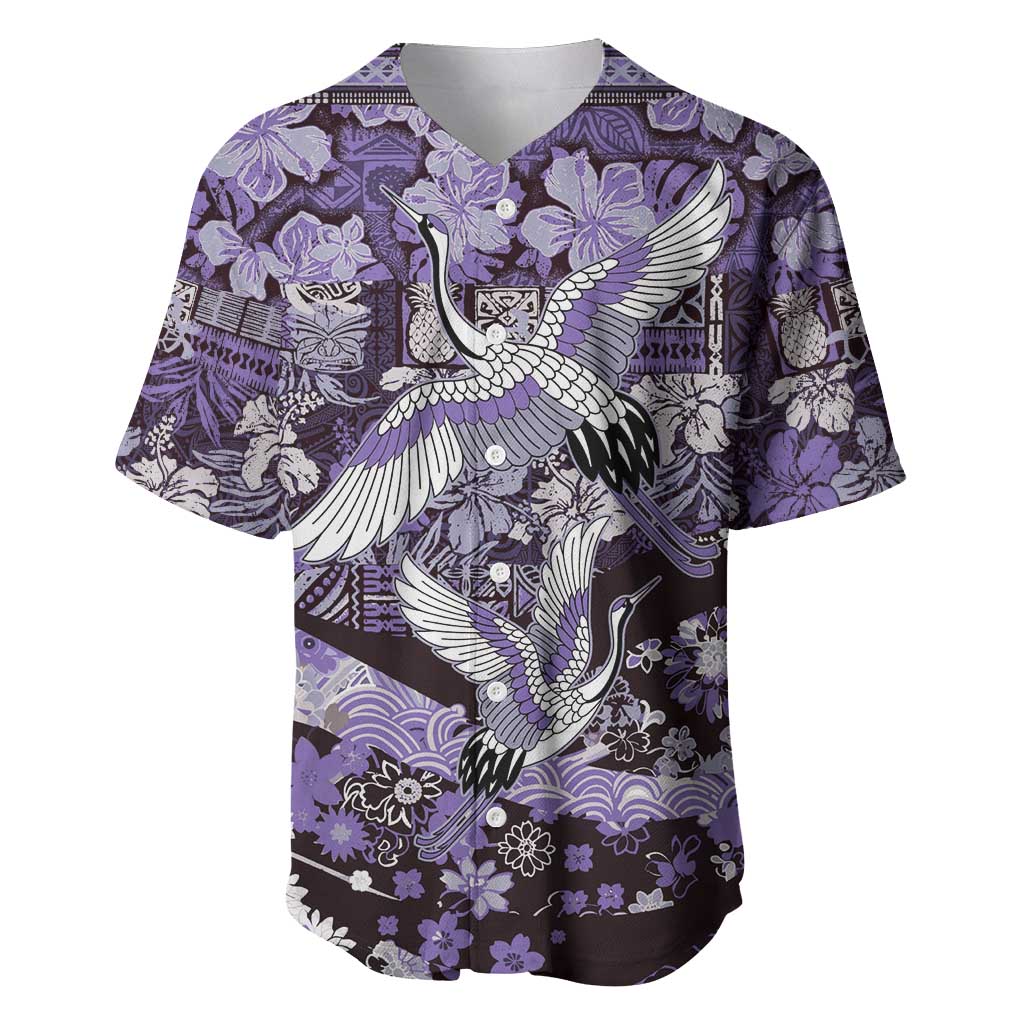 Japanese Hawaiian Crane Baseball Jersey Purple Tapa Patchwork Pattern