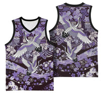 Japanese Hawaiian Crane Basketball Jersey Purple Tapa Patchwork Pattern