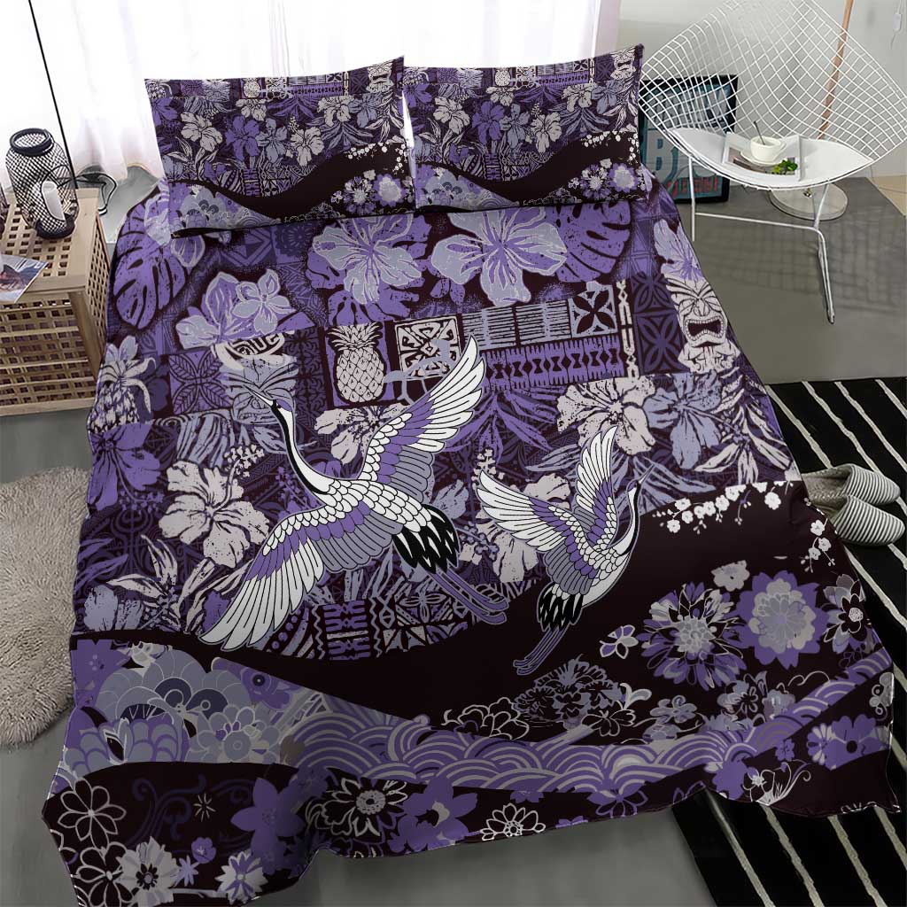 Japanese Hawaiian Crane Bedding Set Purple Tapa Patchwork Pattern
