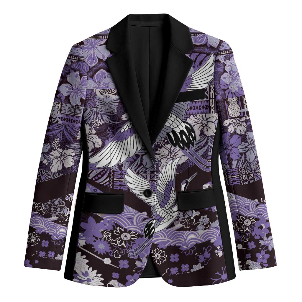 Japanese Hawaiian Crane Blazer Purple Tapa Patchwork Pattern