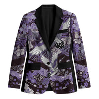 Japanese Hawaiian Crane Blazer Purple Tapa Patchwork Pattern