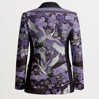 Japanese Hawaiian Crane Blazer Purple Tapa Patchwork Pattern