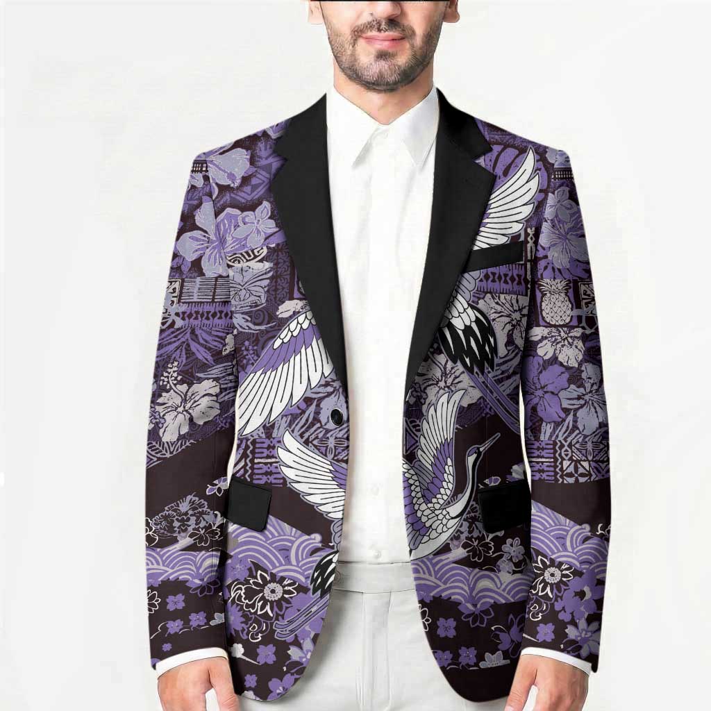 Japanese Hawaiian Crane Blazer Purple Tapa Patchwork Pattern