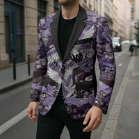 Japanese Hawaiian Crane Blazer Purple Tapa Patchwork Pattern