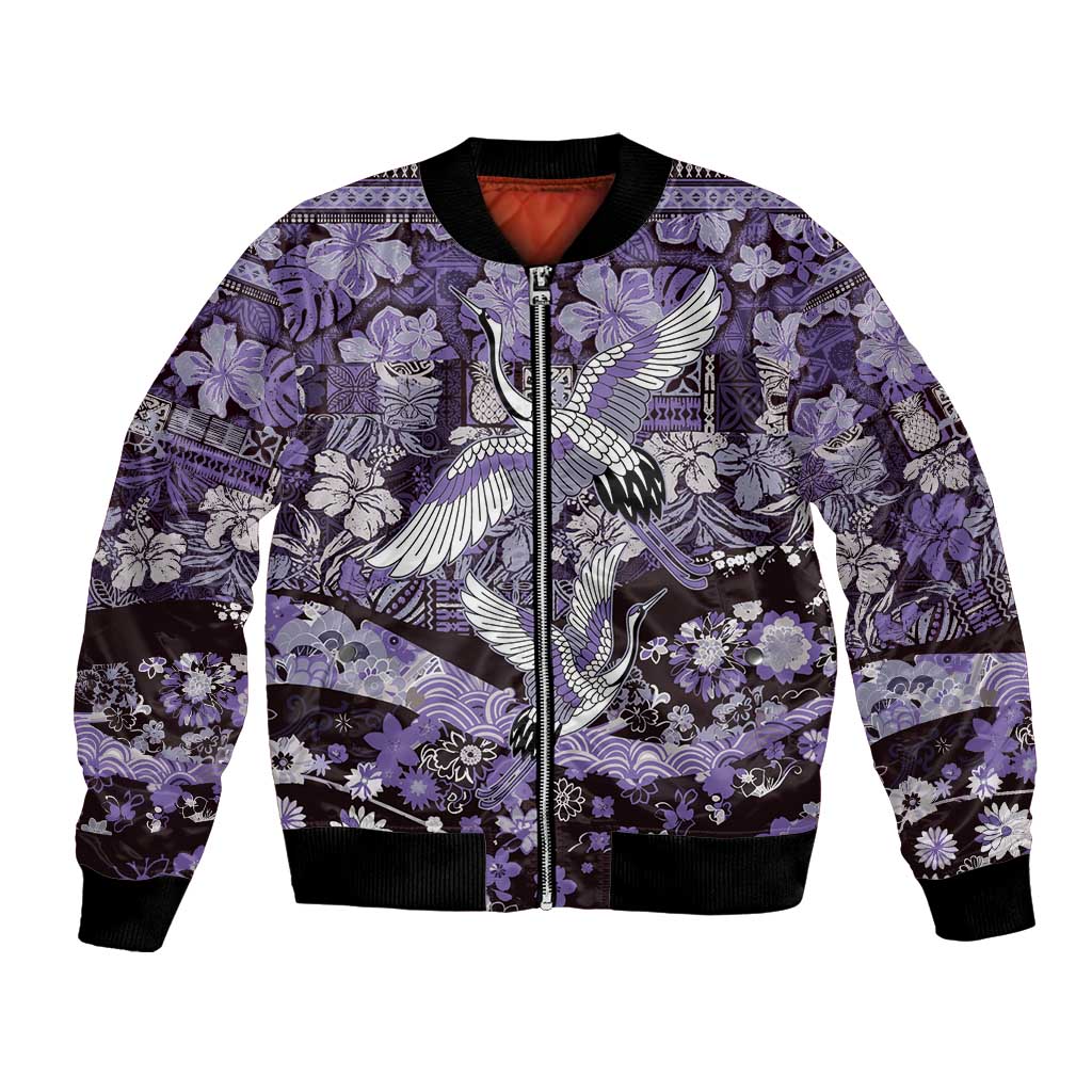 Japanese Hawaiian Crane Bomber Jacket Purple Tapa Patchwork Pattern
