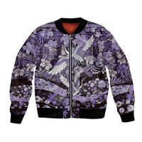 Japanese Hawaiian Crane Bomber Jacket Purple Tapa Patchwork Pattern