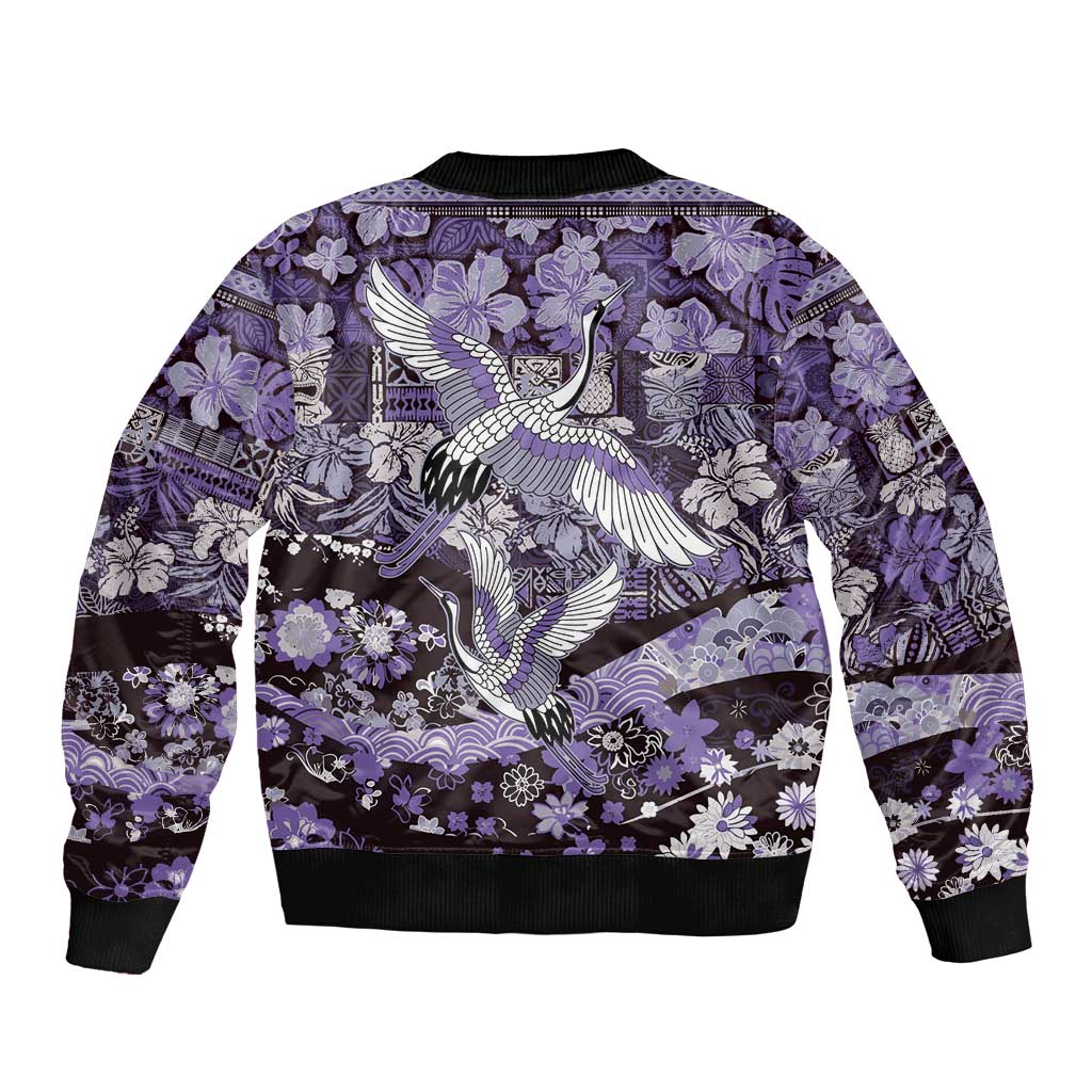 Japanese Hawaiian Crane Bomber Jacket Purple Tapa Patchwork Pattern