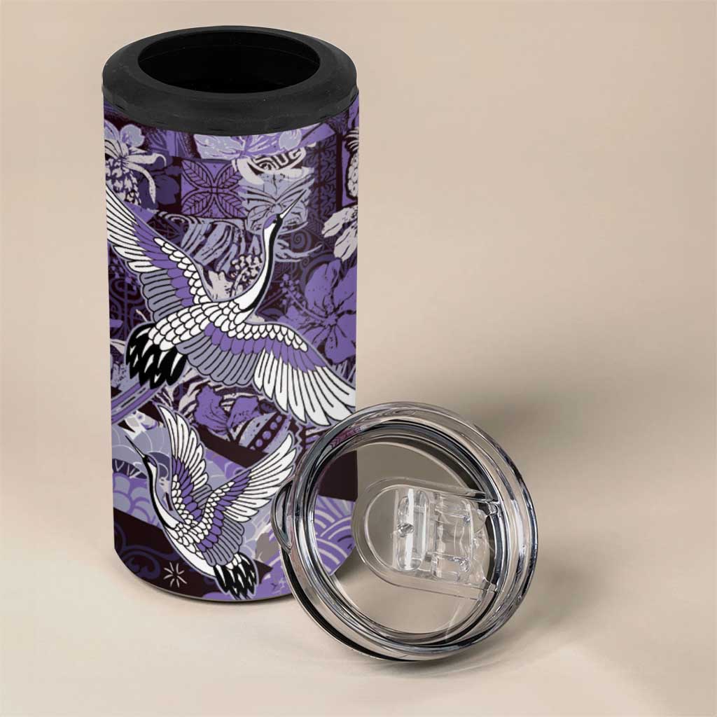 Japanese Hawaiian Crane 4 in 1 Can Cooler Tumbler Purple Tapa Patchwork Pattern