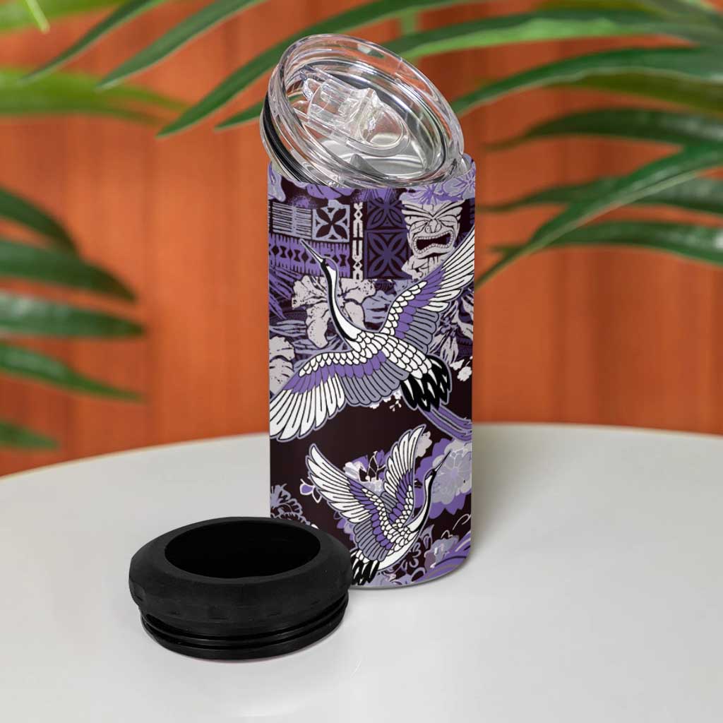 Japanese Hawaiian Crane 4 in 1 Can Cooler Tumbler Purple Tapa Patchwork Pattern