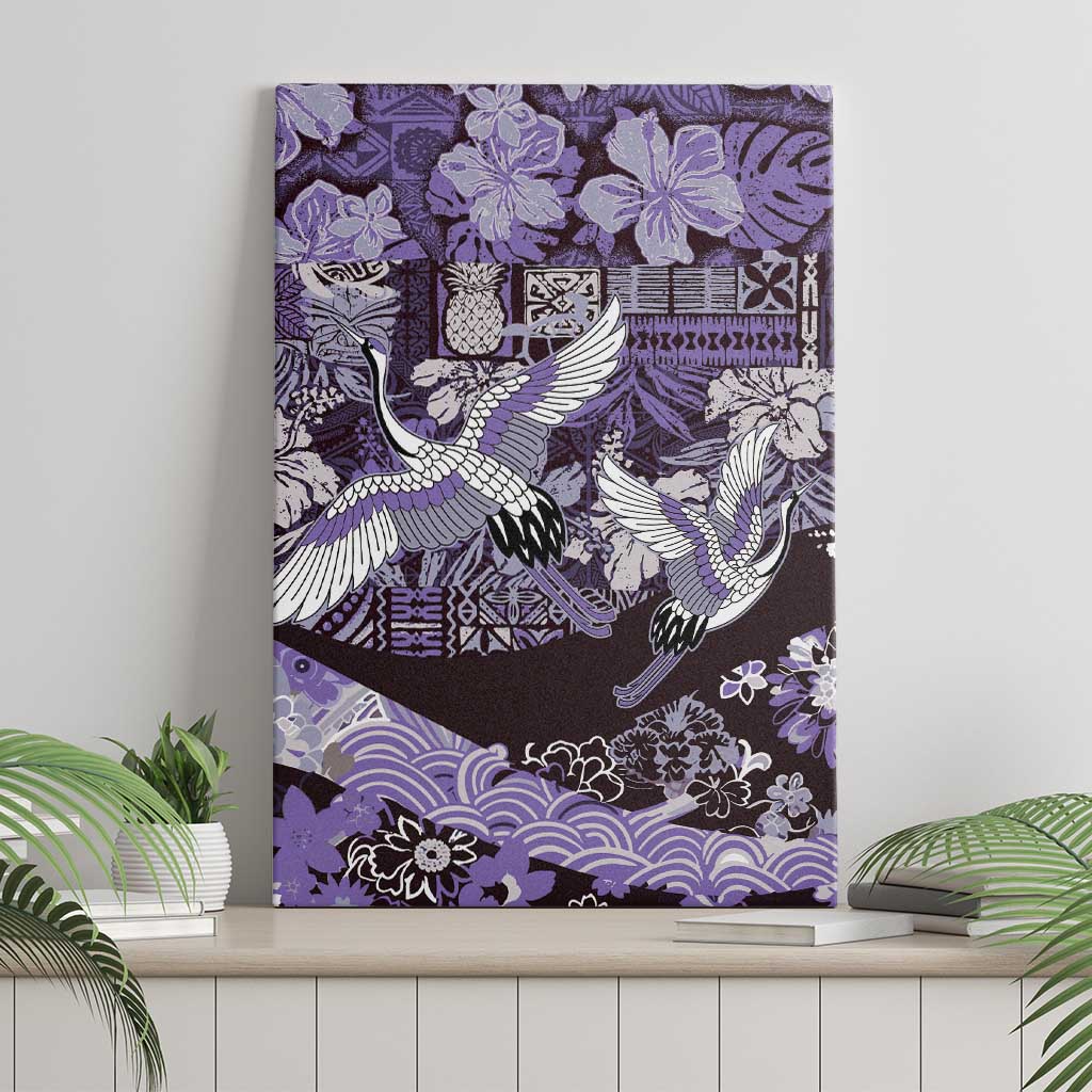 Japanese Hawaiian Crane Canvas Wall Art Purple Tapa Patchwork Pattern
