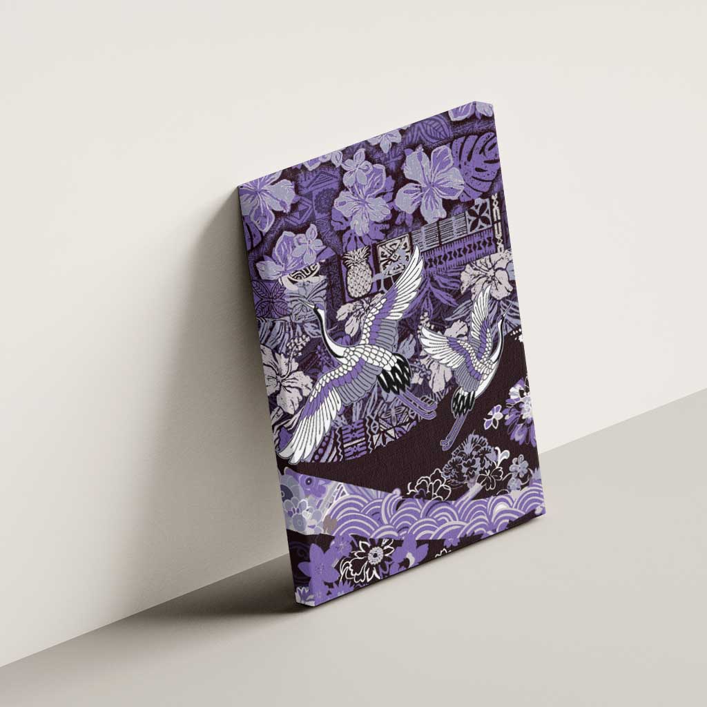Japanese Hawaiian Crane Canvas Wall Art Purple Tapa Patchwork Pattern