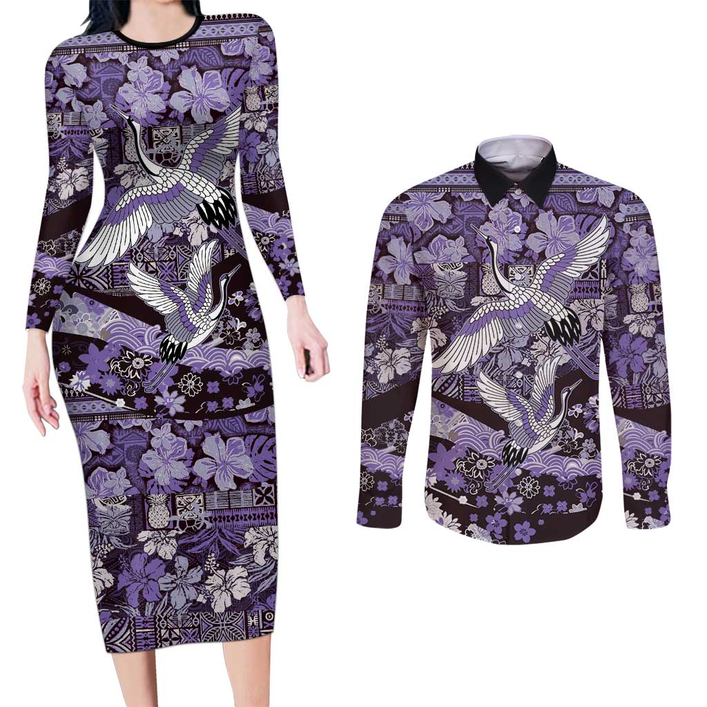 Japanese Hawaiian Crane Couples Matching Long Sleeve Bodycon Dress and Long Sleeve Button Shirt Purple Tapa Patchwork Pattern