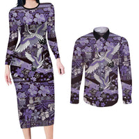 Japanese Hawaiian Crane Couples Matching Long Sleeve Bodycon Dress and Long Sleeve Button Shirt Purple Tapa Patchwork Pattern